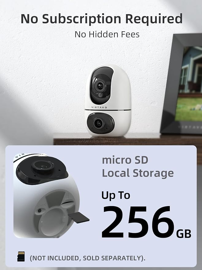 VIRTAVO Pet Camera Indoor WiFi 6, No Subscription, for Dogs Cats | Dual Band 2.4/5GHz, 360° Auto Tracking, Pet Call, Dual Lens, 2-Way Audio, Night Vision, SD & Cloud, Wired