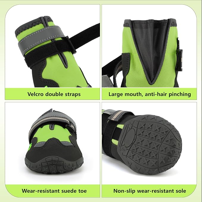 Dog Shoes for Large Dogs, 360°Anti Slip Medium Dog Boots & Paw Protectors Winter Snowy, Waterproof 4Pcs Dog Booties with Reflective Strips (Size 1: 1.57''x2.09''(W*L), Green)