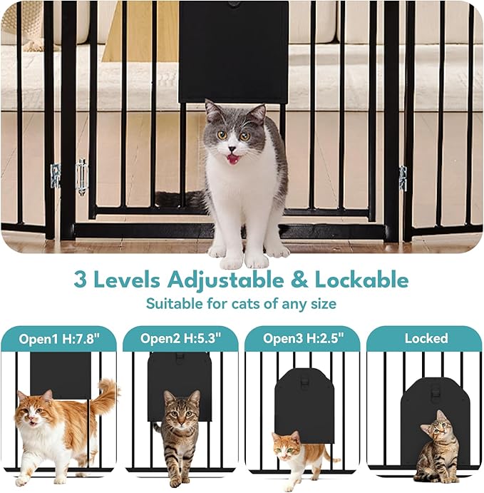 No Pawblems Full Metal Freestanding Dog Gate with Cat Door, 30" Tall | Foldable Pet Gate for Indoor/Outdoor, Zoned management, Dog Fence for Families with Multiple Pets, 156" Wide, 6 Panels, Black