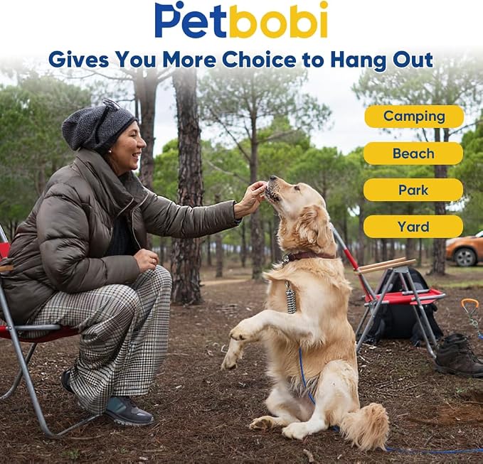 Petbobi Dog Tie Out Cable and Stake, 50ft Heavy Duty Dog Leads for Yard | 4in Shock Spring, 16in Spiral Ground Anchor, 360° No-Tangle Swivel, Chew-Proof Rustproof Wire, Up to 120 lbs, Outdoor Camping