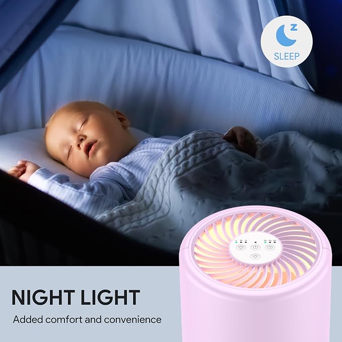 FULMINARE Air Purifiers for Home Bedroom H13 HEPA Air Filter | 360° Intake for Pet Hair, Smoke, Odors , 3 Speeds, Timer, 24dB, Small Mini Air Purifier with Night Light, Purple