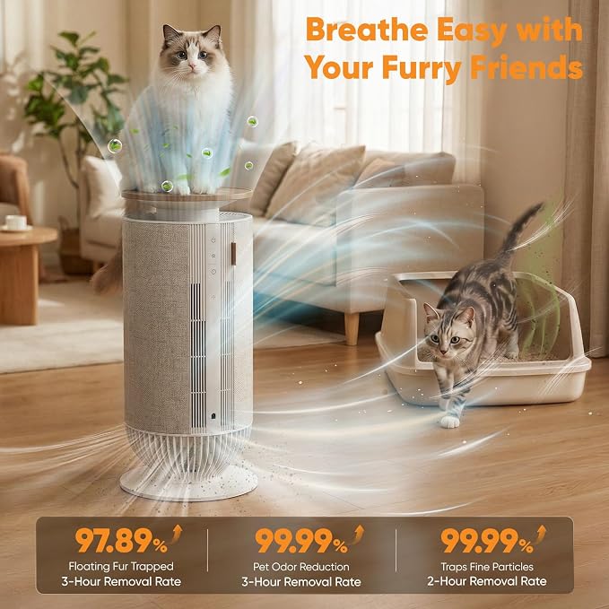 Petbobi Air Purifier for Home Large Room Up to 3630 Sq Ft, H13 + H11 HEPA | 7-Layer Anti-Clog Pet Hair Dander Smoke Odor Removal, 360° Airflow 275 CFM, Smart App & Monitor Auto Mode, 25dB Quiet Sleep