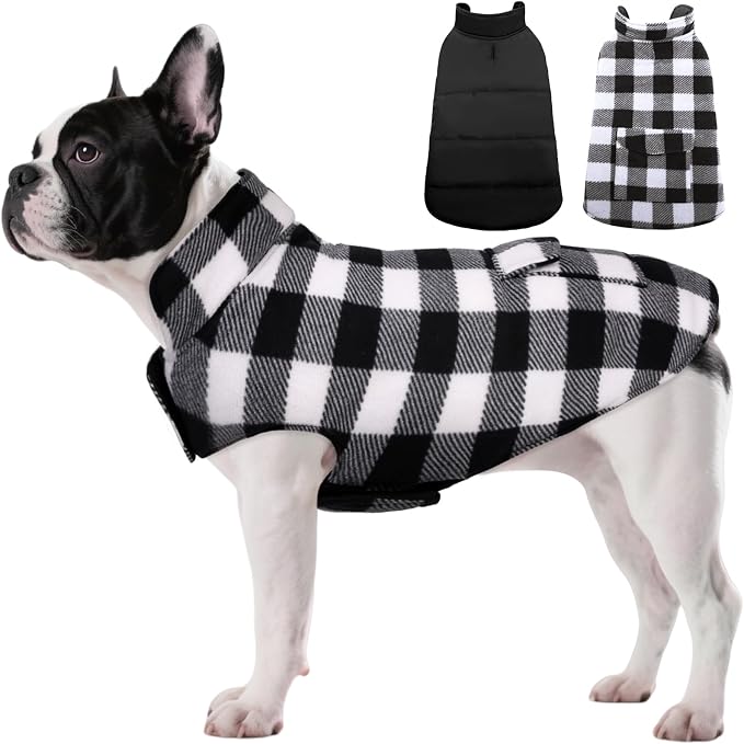 ASENKU Reversible Dog Winter Coat, Dog Jacket for Small Medium Large Dogs | Windproof Plaid Fleece Lining for Cold Weather, Water-resistant Outer Shell, Puppy Puffer Vest with Leash Hole, White XS
