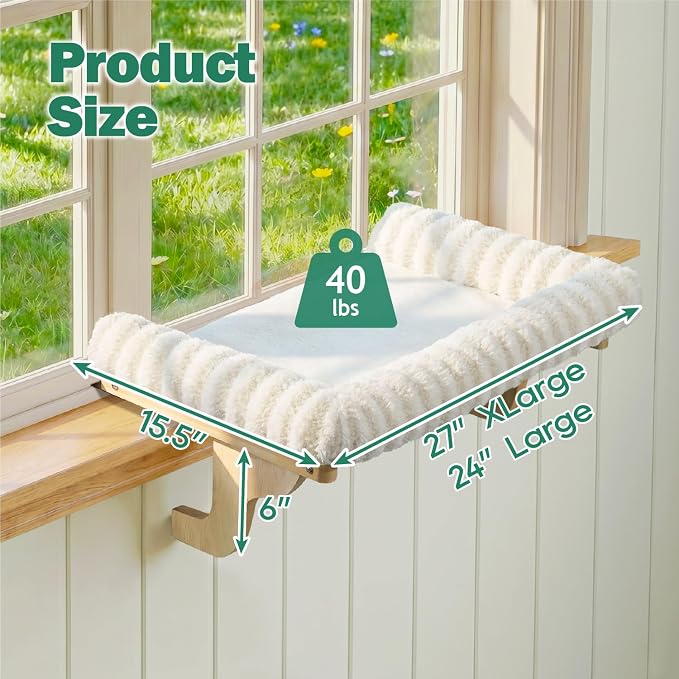 Zakkart Mellow Cat Perch for Windowsill with Hardwood Frame (Beige, XL) | Hook-On Windowsill Mount, Zipper Removable Bed, Open-front View, Machine Washable, Support up to 40 lbs., 27"W x 15.5"D