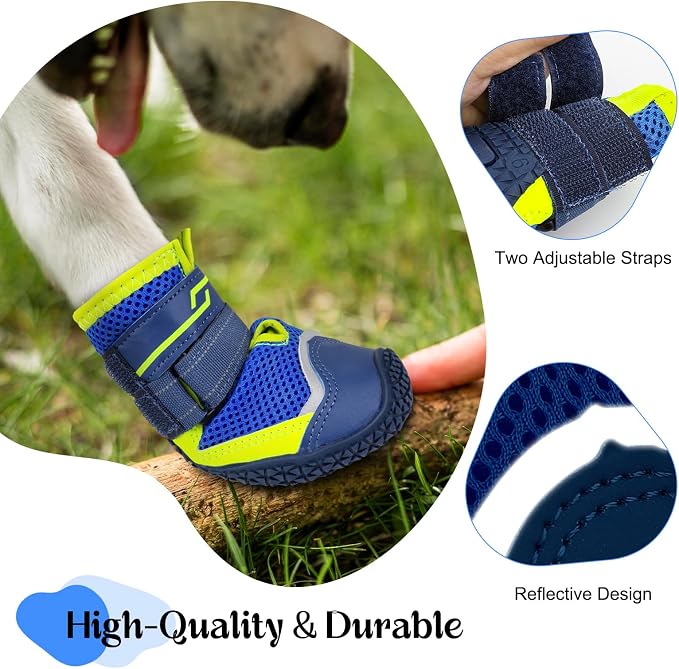 Illumifun Dog Boots for Hot Pavement Protection – 4 Pack Anti-Slip Breathable Paw Shoes with Reflective Straps, All-Season Outdoor Booties for Walking, Hiking, Camping (Navy Blue, Size 2)