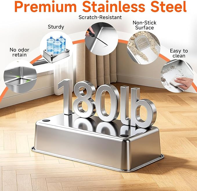 2 Pack XL Stainless Steel Litter Box with High Sides, Metal Litter Box | Extra Large Tall Wall Open Top Deep Metal Pan, Anti-Leak Non-Stick Odor Control, 2 Scoops Included