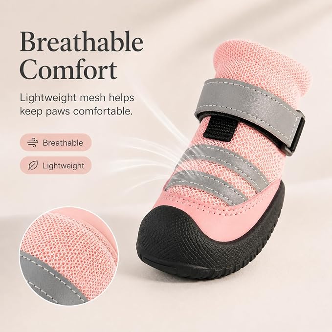 Dog Boots, Waterproof Dog Shoes with Reflective Straps, Rugged Anti-Slip Sole Paw Protectors for Medium Large Dogs, Breathable Pet Booties for Hot Pavement, Snow, Hiking, 4Pcs