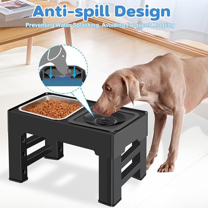 2-in-1 Elevated Dog Bowls, Raised Pet Bowl with Stainless Steel Food Bowl and Spill Proof Water Bowl, 4 Adjustable Heights, Non-Slip Stand, for Small, Medium, Large Dogs and Pets