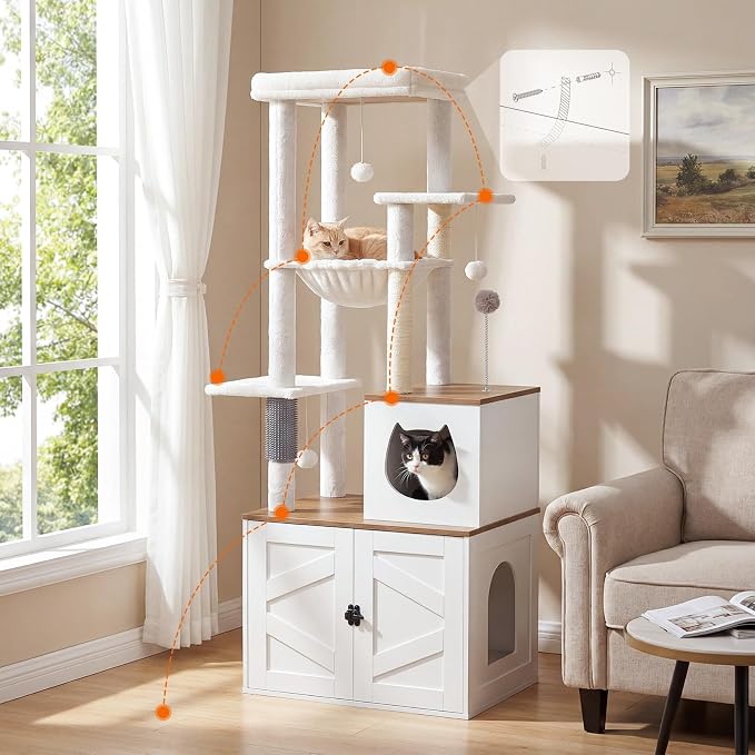 HOOBRO Cat Tree with Litter Box Enclosure, Tall Cat Tower for Indoor Cats | All-in-One Modern Cat Condo, Hidden Litter Box Enclosure Furniture, White and Walnut WH51MZ03