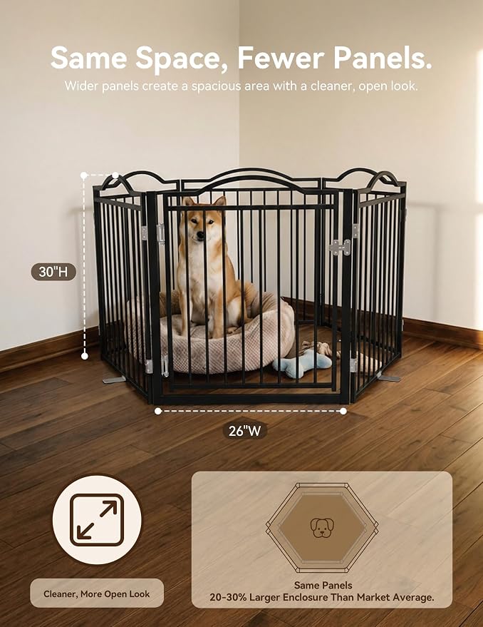 No Pawblems Full Metal Free Standing Dog Gate with Door, 30'' Tall Foldable Freestanding Pet Gate for Indoor & Outdoor, Up to 156 Inch Extra Wide Dog Fence for Doorways, Stairs, Deck, Yard - Black