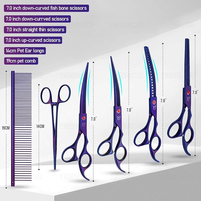 Dog Grooming Scissors,Purple Curved Chunkers Shears with Safety Round Tips,Sharp and Durable 6 in 1 Dog Scissors for Grooming