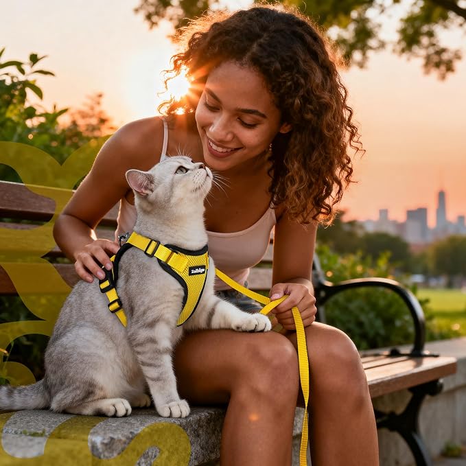 rabbitgoo Cat Harness and Leash Set, Escape Proof Vest, Yellow | Soft Breathable Mesh, Easy Adjustable Fit, Snap Buckles, Sturdy Clip, Reflective Strips, for Medium to Large Cats Walks, M