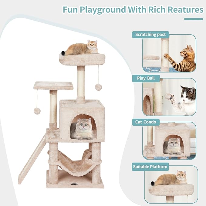 Cut Cat Tree Cat Tower Condo with Hammock Kittens Scratching Post Beige | MIAO PAW Cat Bed For Indoor Modern Activity Tree for small Cat with Board Hanging Ball Play House
