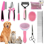 Dog Brush & Grooming Kit – 9-Piece Pet Brush & Deshedding Set for Shedding, Bathing, Trimming & Nail Care | Grooming Tools for Dogs & Cats, Includes Comb, Nail Clipper, Scissors, Slicker Brush (Pink)