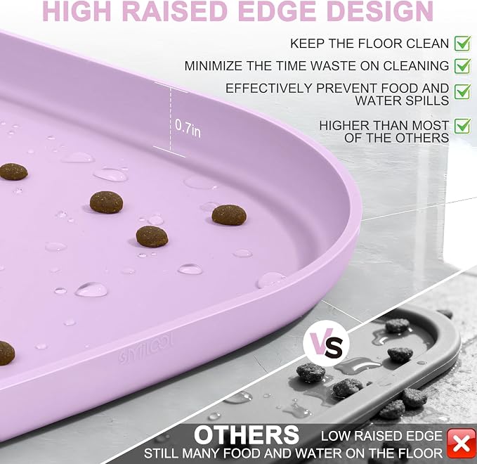 SMILOOL Small Silicone Pet Food Mat with Raised Edge for Food and Water Bowl, Square Dog Feeding Mats, Cat Food Trays for Floor Waterproof, Rubber Tray for Dogs and Cats, 12 x 12 x 0.7 Lavender