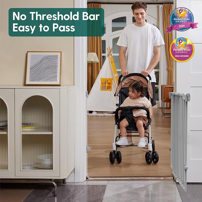 Babelio 34" H Extra Tall No Bottom Bar Baby Gate, 26-43" W, Grey | Easy Install| One-handed Opening| Auto-close| Drill Needed Indoor Safety Dog/Pet Gate for Stairs, Hallways & Doorways