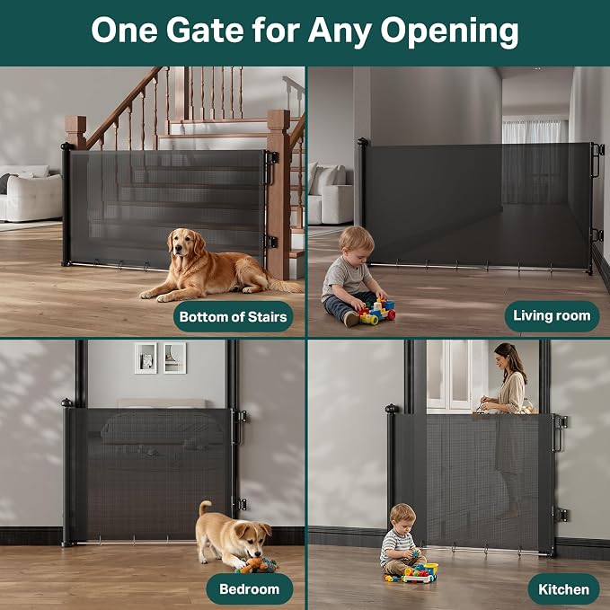 Cumbor 37-55" Retractable Baby Gates for Stairs & Doorways, Indoor Outdoor | Hardware Mounted Mesh Dog & Pet Gate, Easy Walk Through, One-Hand Operation, Anti-Crawl Adjustable Safety Gate for Dog, Black