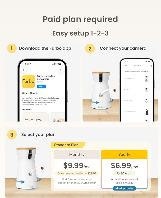 Furbo 360° Dog Camera [Paid Plan Required to Activate] | Stay connected with AI Dog & Home Safety Alerts, Treat Toss, Auto-Tracking, Video History, 2-Way Audio (Subscription 3mo min)