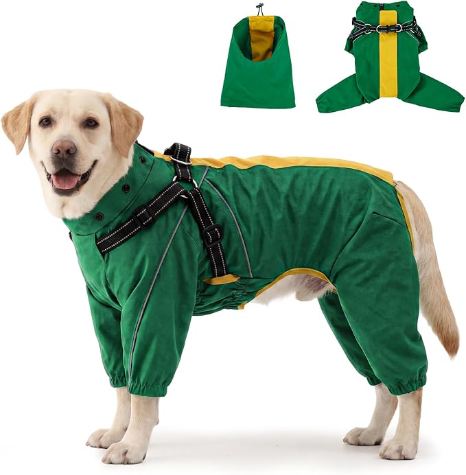 Lelepet Large Dog Raincoat with Harness, Green, XL | Waterproof full body for rainy walking hiking, Adjustable detachable hood for flexible wear, Reflective stripes ensure safety