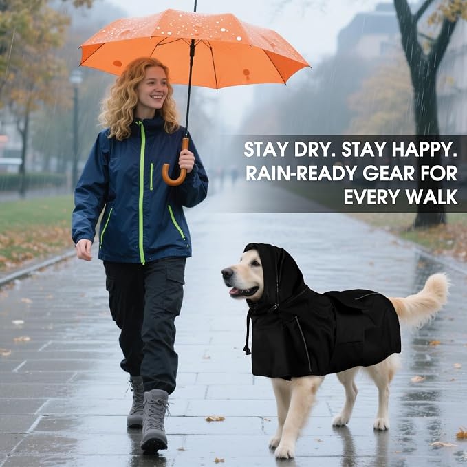 Dog Raincoat, Waterproof Dog Rain Jacket with Hood Black XL | Rain Coat For Medium Dogs, Doggy Poncho With Leash Hole, Reflective Strips, For Rainy Snowy Weather Walks, Hiking, Camping