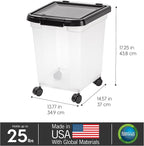 IRIS USA Dog Food Storage Container, Up to 25 lbs, Black, Made in USA | Wheels for Mobility, Airtight Seal, BPA-Free, Best for Bird Seed, Cat food, Cat Litter, Chicken Feed, Pellets