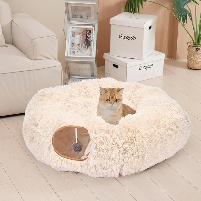 Avont Cat Tunnel Bed, Washable Cushion, Large 3-in-1 Play Tube for Cats | Play, Rest & Snuggle | Spacious for Big Cats | Durable Toggle Design | Removable Washable Cushion | Beige