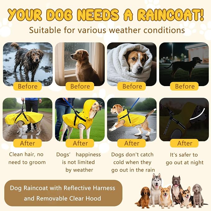 Dog Raincoat: Dog Rain Jacket with Reflective Harness & Removable Hood | Waterproof Dogs Rain Coat Poncho for Large Medium Small Dogs Puppies (Yellow - XL)