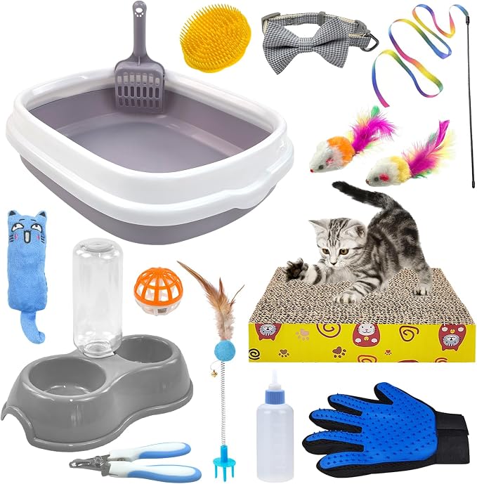 Kitten Starter Kit - 15 Piece Cat Essentials Set Includes Litter Box, Toys, Collars, Scratch Pad, Nail File, Automatic Feed Bowls, Grooming Gloves (Gray)