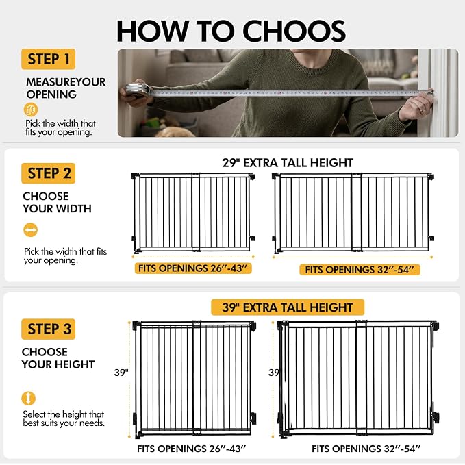 29" Tall Baby & Dog Gate,26-43" W Hardware Mount Gate,Black | Auto-Close design,Two-Way Swing, No Bottom Bar,Must Drill to Install