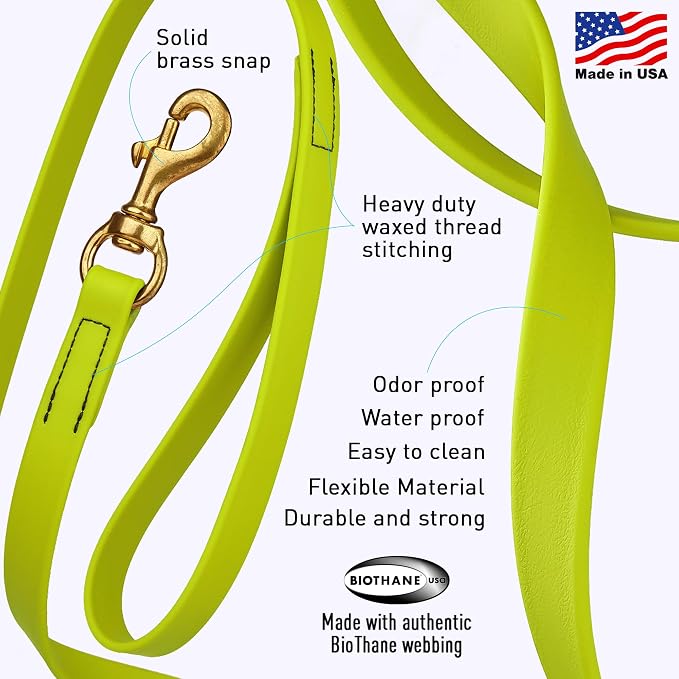 Viper Biothane K9 Working Dog Leash Waterproof Lead for Tracking Training Schutzhund Odor-Proof Long Line with Solid Brass Snap for Puppy Medium and Large Dogs, 20ft Safety Yellow