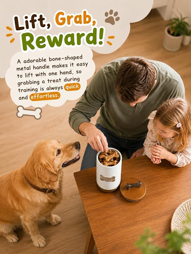 Miamolo Airtight Dog Treat Jar with Lid, Dog Treat Container for Countertop | Ceramic 8 Cups, Easy to Open | Small Dog Food Storage Canister, Farmhouse Dog Biscuit Jar Dog Lovers Gift | Bone Dotted White
