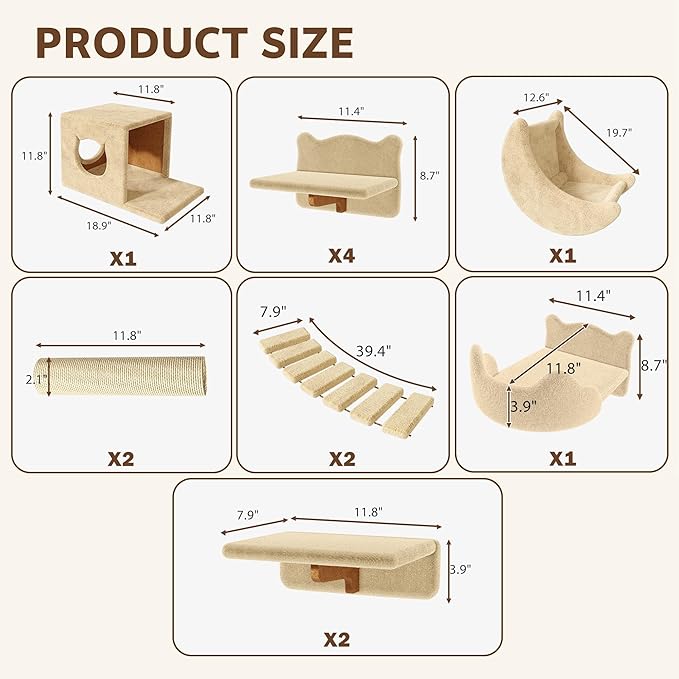 13-in-1 Cat Wall Shelves, Moon & Bridge Cat Wall Furniture, Beige | Wall Mounted Cats Shelf Set with Plush Fabric, Cat Climbing Systems for 16 Inch Drywall, Condo, Scratching Post, Space-Saving