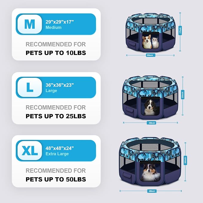 Pop Up Pet Playpen and Whelping Box, 48 x 48 x 24 in, Navy Blue | 48 x 48 x 24 in for pets up to 50 lb; waterproof 600D Oxford base, locking zippers, shade top, carry bag, and 16 oz bowl.