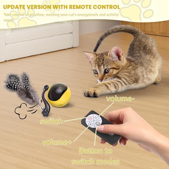 Interactive Cat Toy Ball, Automatic Self-Rolling Cat Toy with Feather Tail, Rechargeable Smart Cat Ball for Indoor Cats（Yellow）