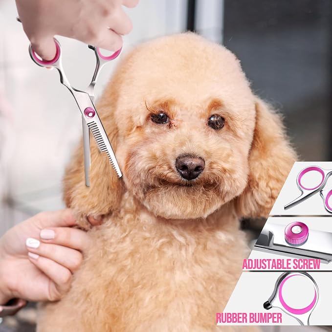 Gimars Dog Grooming Scissors Kit Professional 4CR with Safety Round Tip, 5 in 1 Heavy Duty Titanium Coated Thinning & Curved & Straight Shears