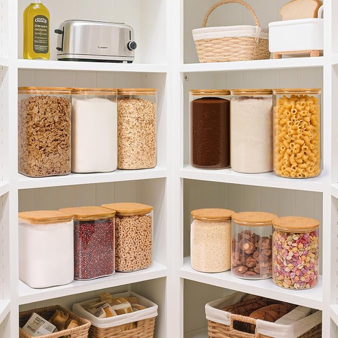 ComSaf Glass Storage Containers with Bamboo Lids 1.2/3.6 Qt 2 Pack | Pantry Organization, Flour Sugar Coffee Beans, Pasta Cereal Dry Food, Large Capacity, Cabinet Organization, Food Storage Jar