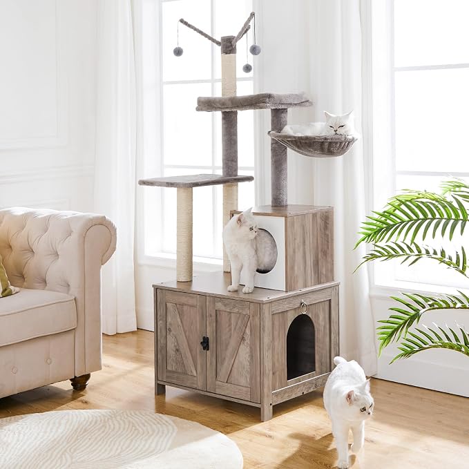 HOOBRO Cat Tree Tower with Litter Box Enclosure Indoor, Wooden Cat Condo with Scratching Posts, Litter Box Furniture Hidden, All-in-One Cat House, Greige BG15MZ03