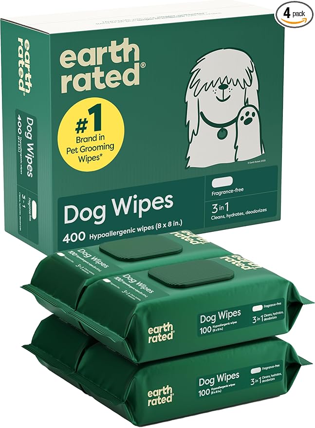 Earth Rated Dog Wipes for Paws & Butt, Deodorizing, Unscented, 400ct | Hypoallergenic, 3-in-1 Cleaning and Hydrating, for Grooming Paws, Body and Butt