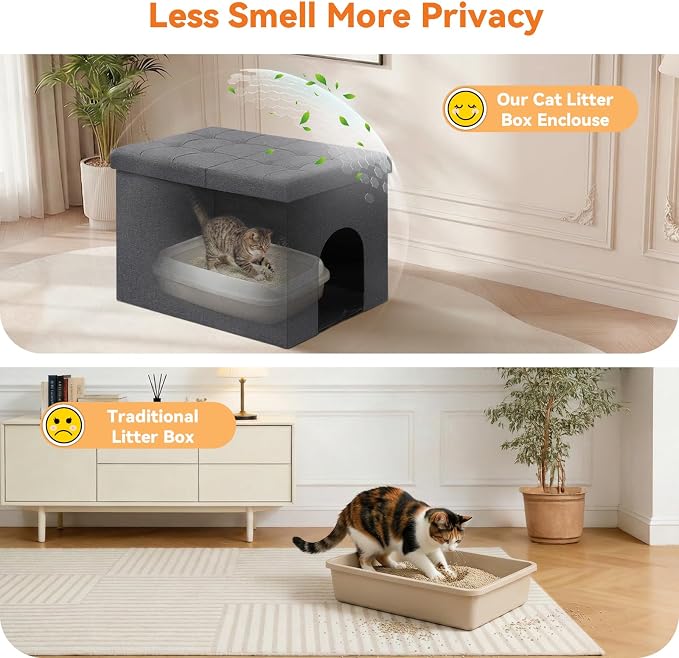 Zerbuger Cat Litter Box Enclosure Furniture for Odor Control,Hidden Cabinet | Cat Litter Box Furniture Ottoman With Flip-Up Lid,Cats Litter Box Bench With Storage Space, Dog Proof (Grey, Large)