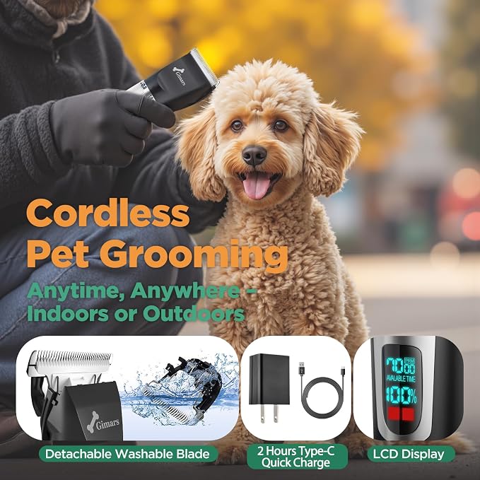 Gimars Professional 7000rpm Low Noise 55db Cordless Rechargeable Dog Clippers, 3.0 Motor Powerful Dog Long Hair Trimmer Grooming Shaver Kit, Home Electric Pet Hair Clippers for Cat, Horse