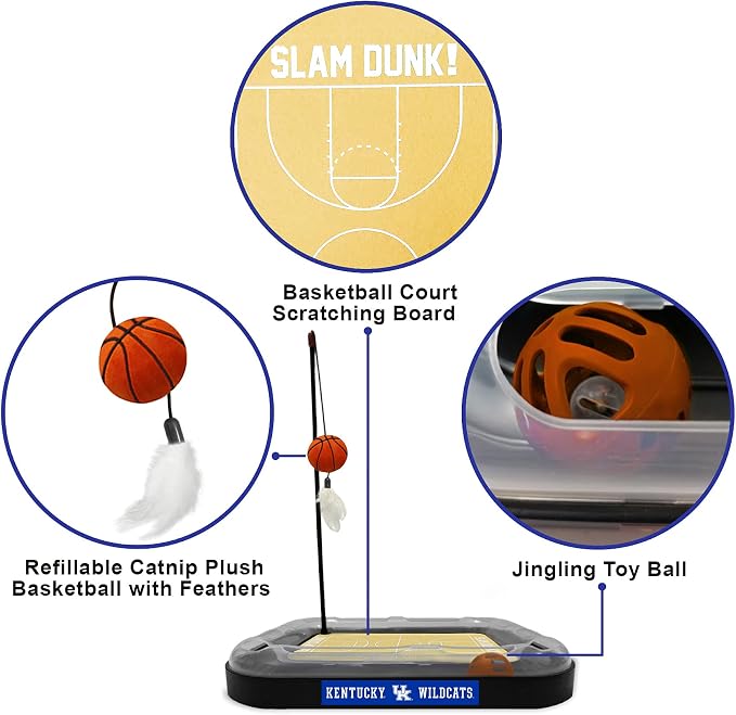 Cat Scratch Toy NCAA Kentucky Wildcats Reversible Basketball Court Felt/Cardboard Cat Scratcher Toy. Interactive Cat Ball Bell in Tracks. 6-in-1 CAT Toy: Cat Wand Poll, Catnip-Filled Plush Basketball