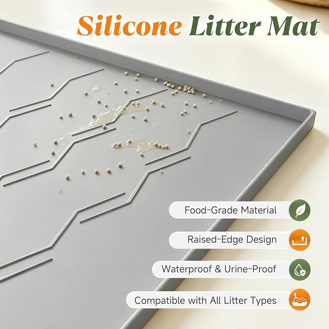 Songrey Silicone Cat Litter Mat 24" x 16", Large Litter Trapping Mat, Gray | Waterproof, Urine-Proof Litter Box Mat for Floor, Soft on Kitty Paws, Easy To Clean, Cat Supplies, Pet Feeding Mat