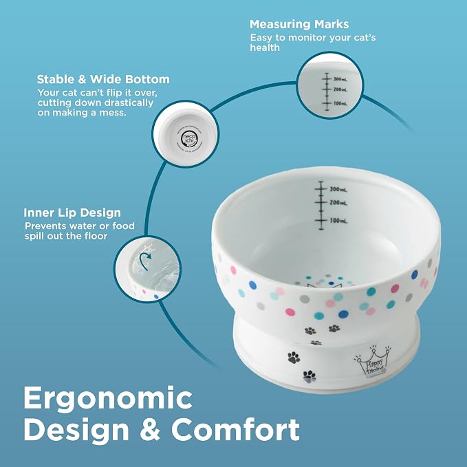Necoichi Raised Cat Water Bowl, Whisker-Friendly (Colorful Dots, Regular)