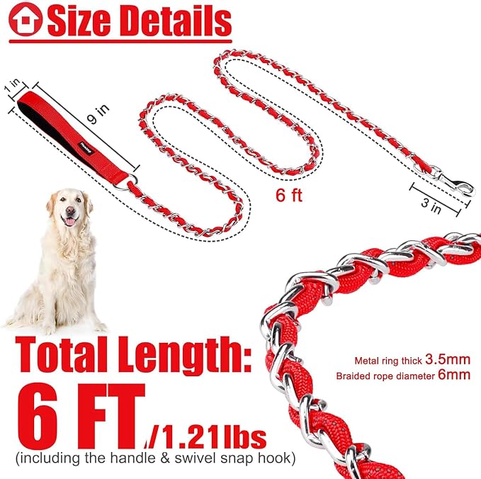 Homimp Chain Dog Leash - Reflective, Chew Proof Metal Leash for Large Dogs, 6 FT with Comfortable Soft Padded Handle, Anti Bite Durable, Non Chewable (Red)