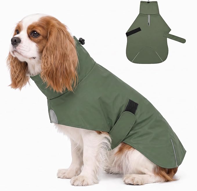 PU Dog Raincoat, Non-Toxic & Odorless Waterproof Vest, Adjustable High Neck and Hook & Loop Belly Closure for Rainy Potty Breaks & Wet Weather Outdoor Walks (Olive Green, X-Small)