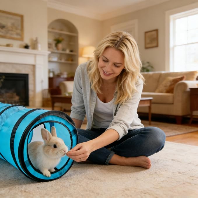 PAWISE Cat Tunnel for Indoor Cats, Collapsible Pet Tube with Peek Hole | Peek hole, tear-proof polyester, 10.5x34.5in, for cats rabbits, blue