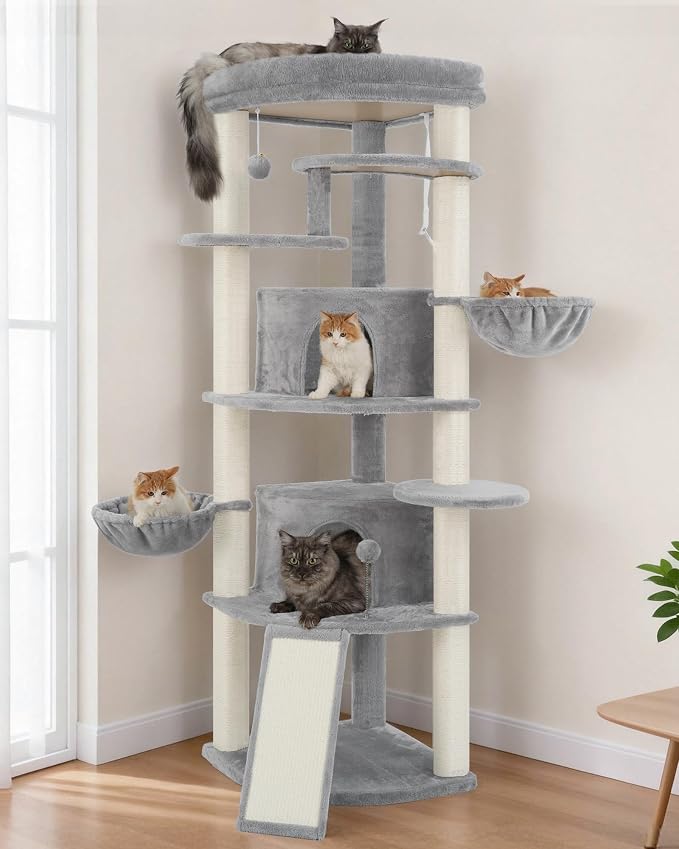 Gitelsnour Corner Cat Tree, All Sisal Multi-Cat Scratching Posts GCT035W | 63.8" Cat Tower for Indoor Cats with Cat Condo, 2 Large Cat Caves, Big Top Perch, 2 Hanging Baskets & Sisal Ramp, Light Gray