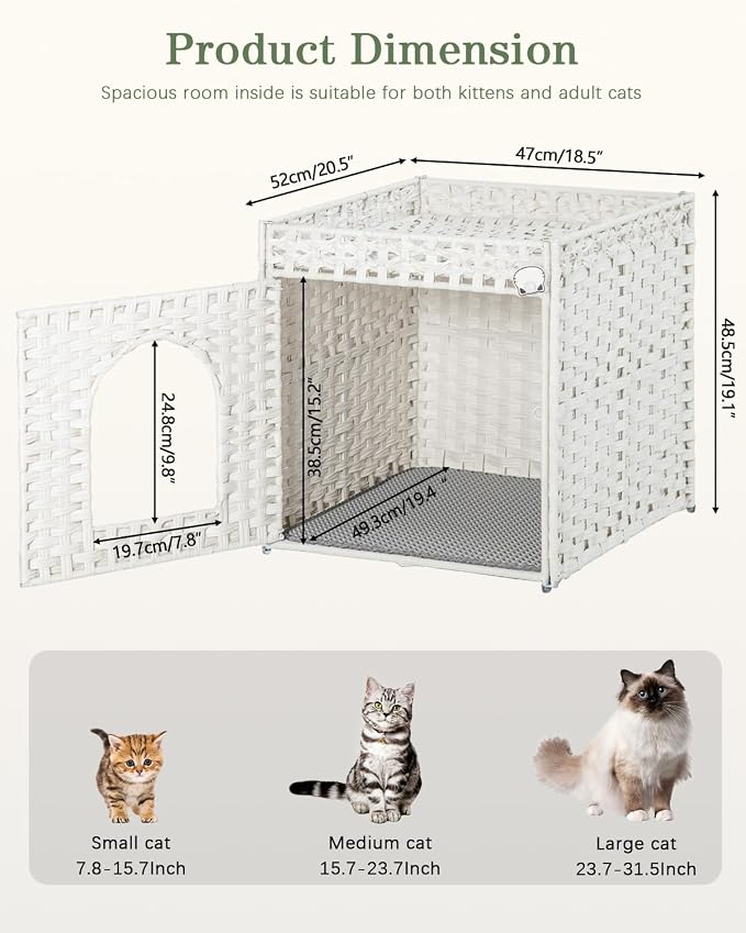 SETVSON Cat Litter Box Enclosure Furniture, Hidden PE Rattan, White | PE Rattan Kitty House with Top Fence, Fits Standard Litter Box, Included Litter Mat, 2 S-Hooks, Sturdy Metal Frame