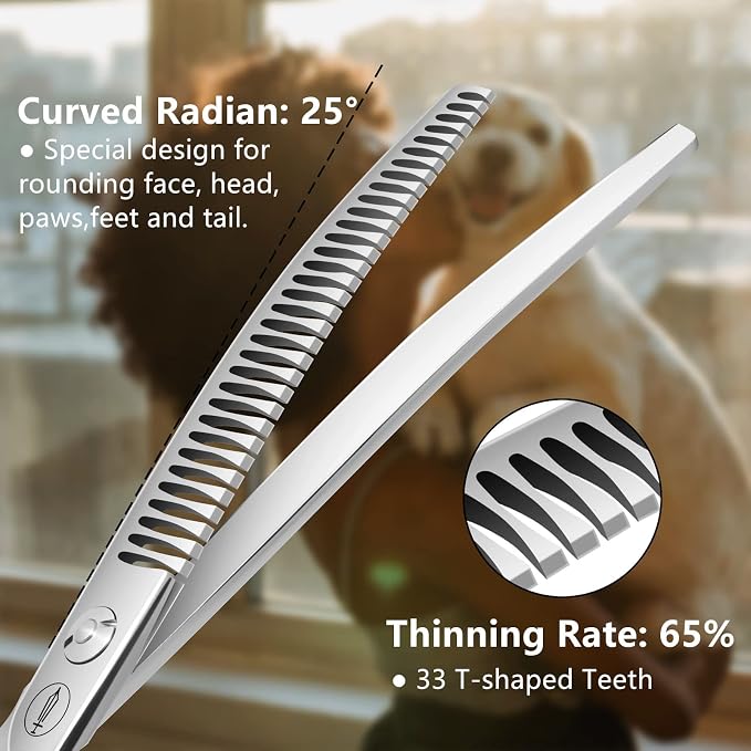 HASHIMOTO Curved Chunkers Shears Dog Grooming, 7.0 inch, 65% Thinning Rate | Lightweight, 440C Stainless Steel, Sharp, Easy to Use