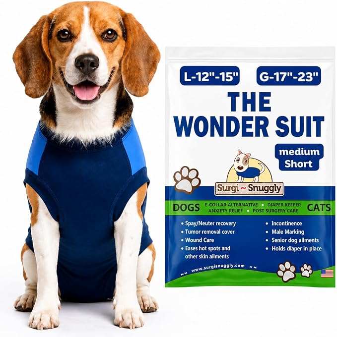 Surgi Snuggly Dog Surgery Recovery Suit - Dog Onesie for Post Surgery Recovery, Female Spay & Male Neuter - Surgical Suit for Dogs, E-Collar Cone Alternative, Double Blue - Medium Short - 12"-15" (EC)